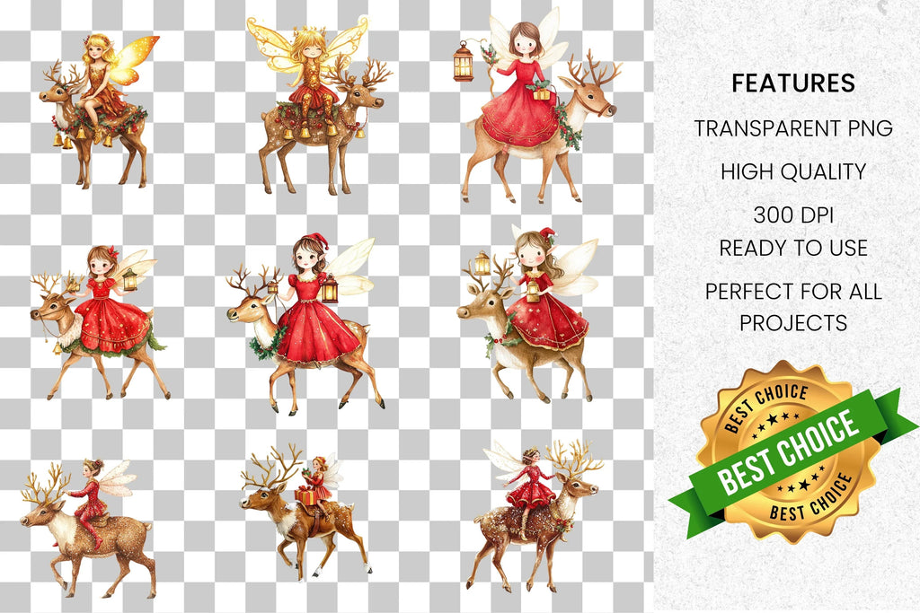 Christmas Fairies Riding Reindeer Clipart Bundle