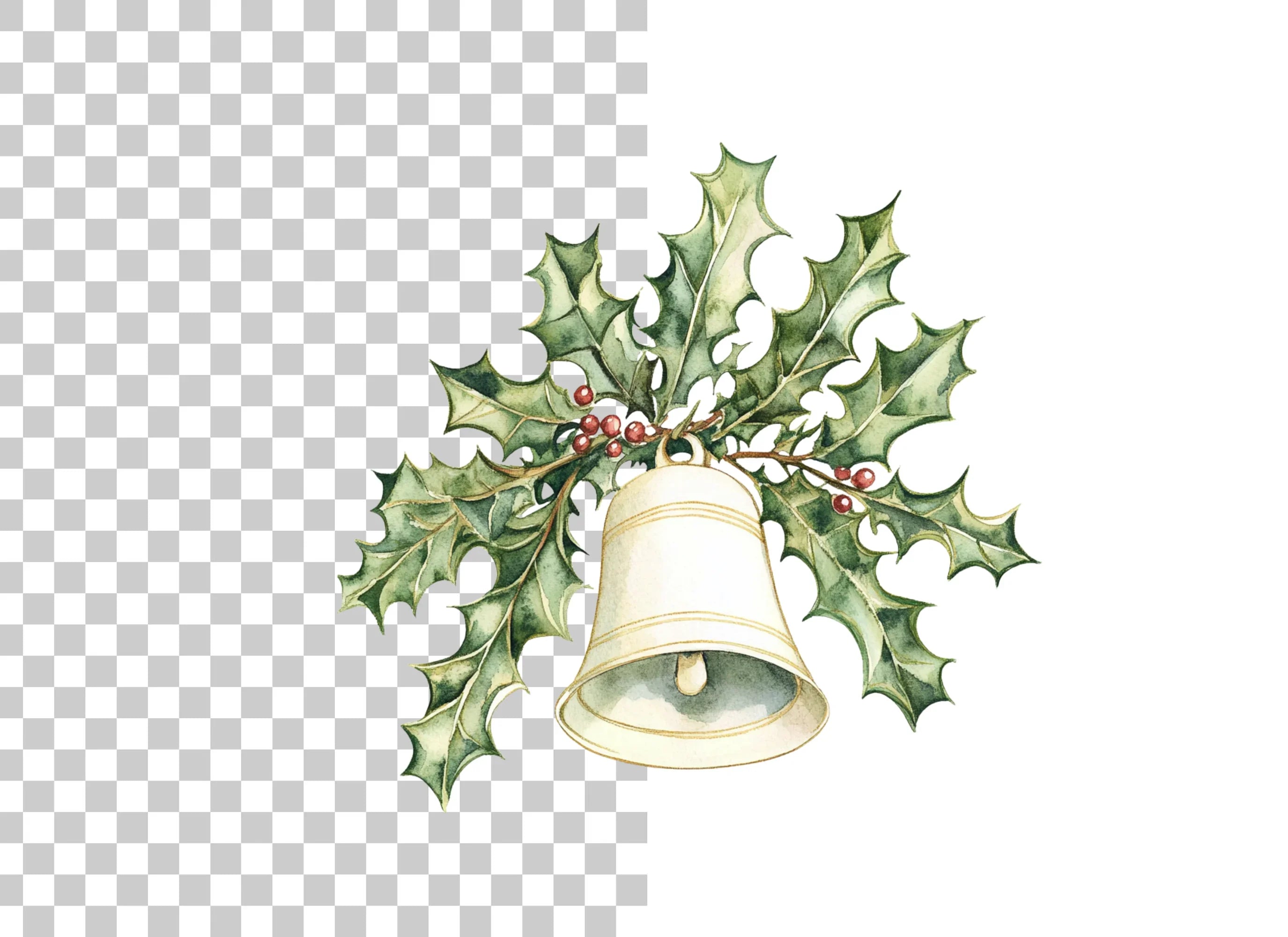 White Christmas Bell with Holly Clipart Bundle