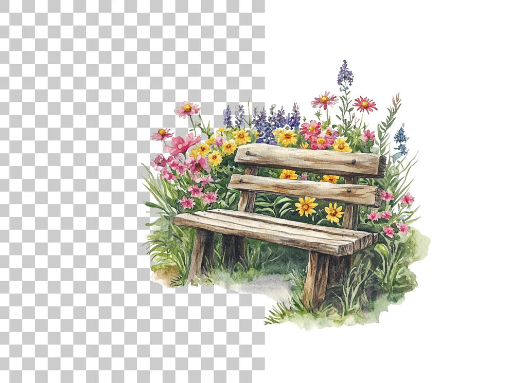 Rustic Bench in Blooming Garden Clipart Bundle
