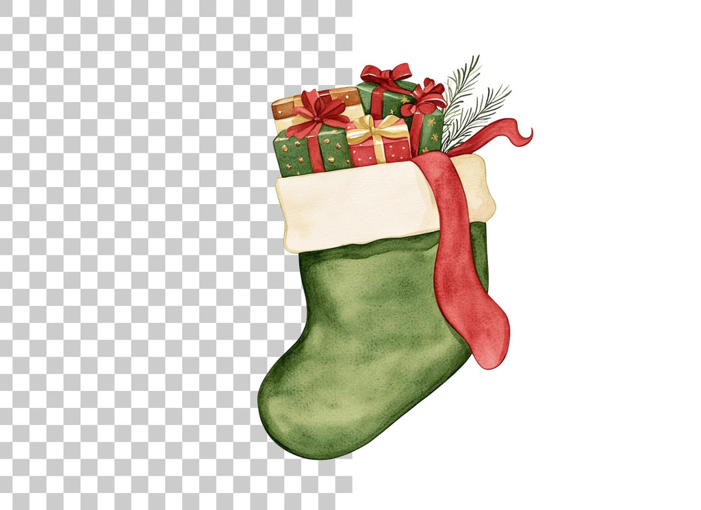 Green Christmas Stockings with Gifts Clipart Bundle