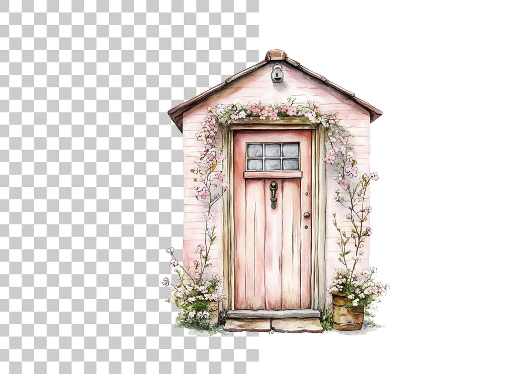 Pink Cottage Door with Blooming Vines Clipart Bundle