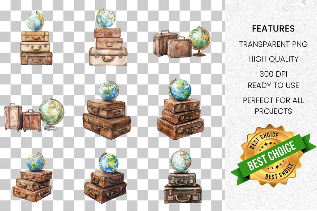 Vintage Travel Suitcase Globe Clipart Bundle