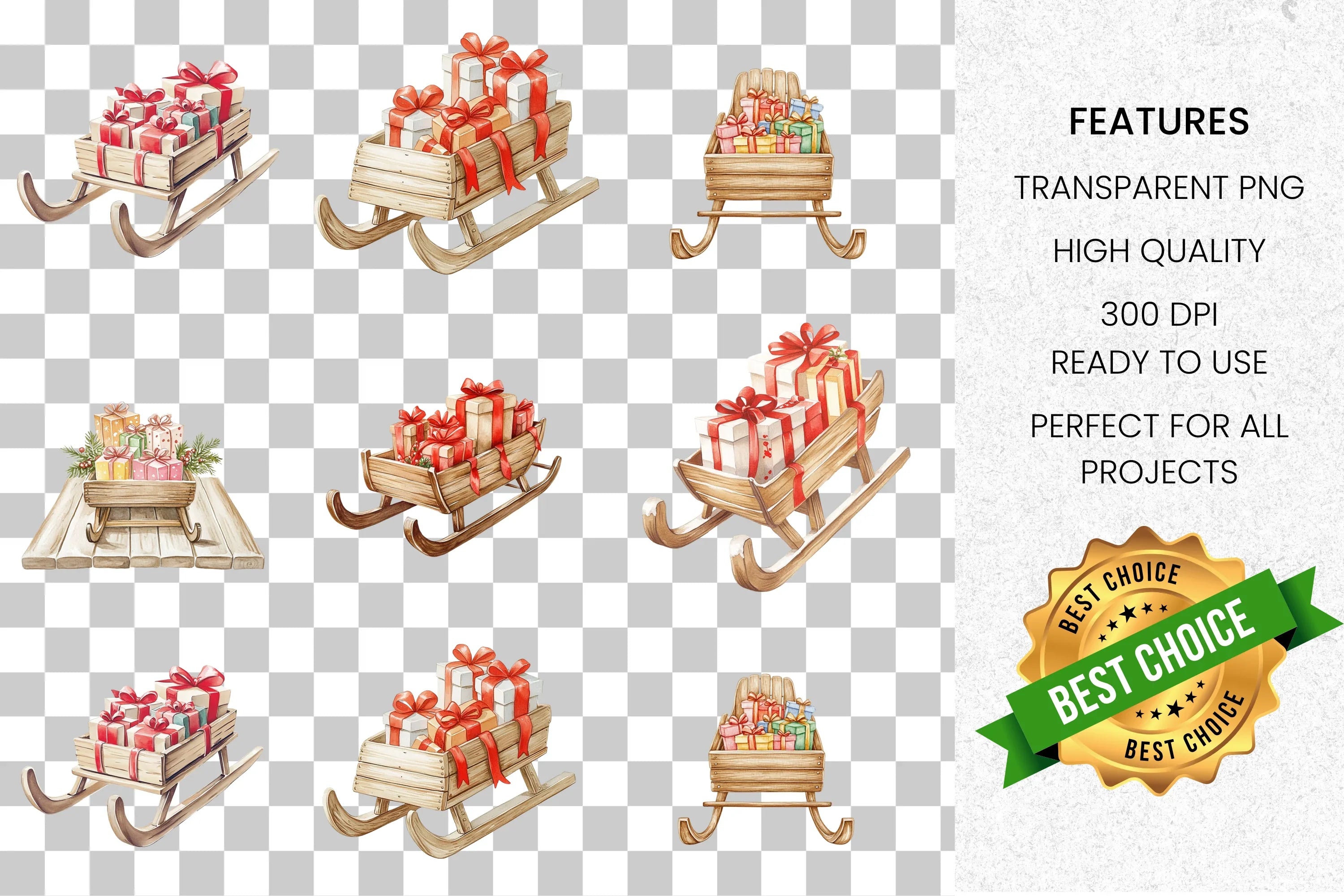 Christmas Sleds with Gifts Clipart Bundle