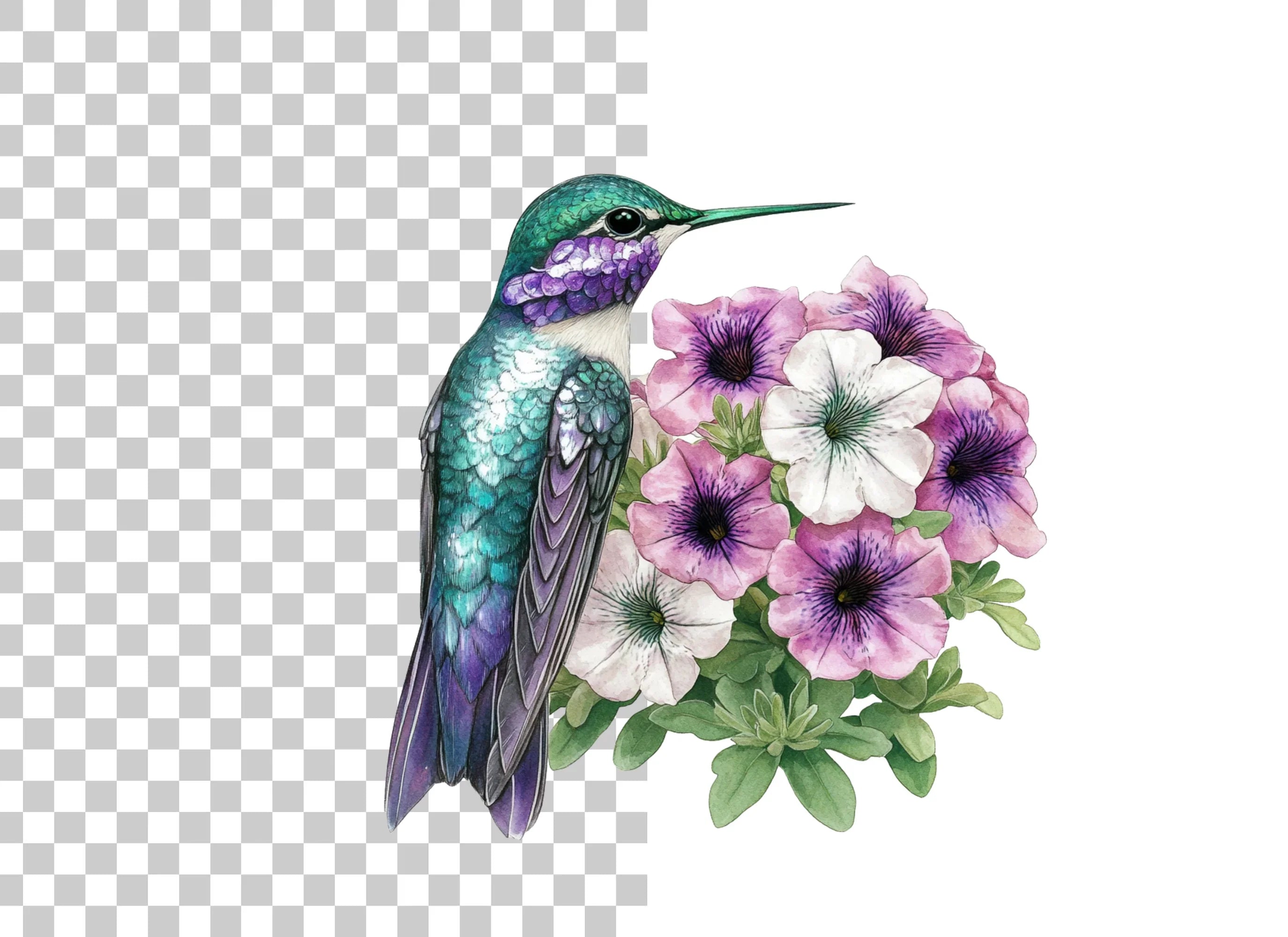Hummingbirds with Petunia Flowers Clipart Bundle