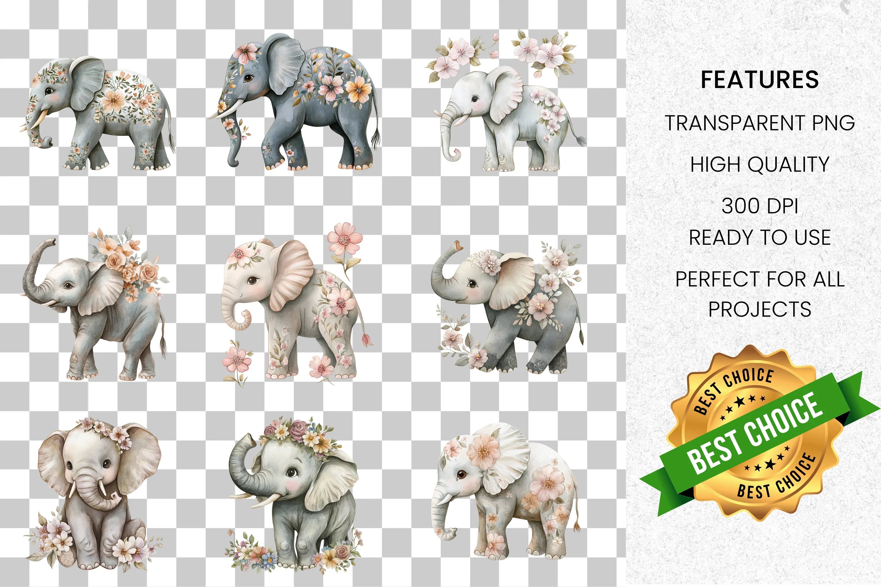 Floral Baby Elephant Clipart Bundle