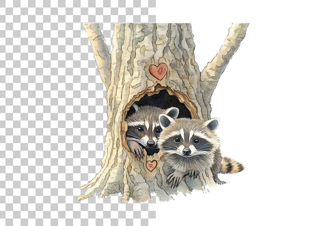 Raccoon Couple in Tree Hole Clipart Bundle