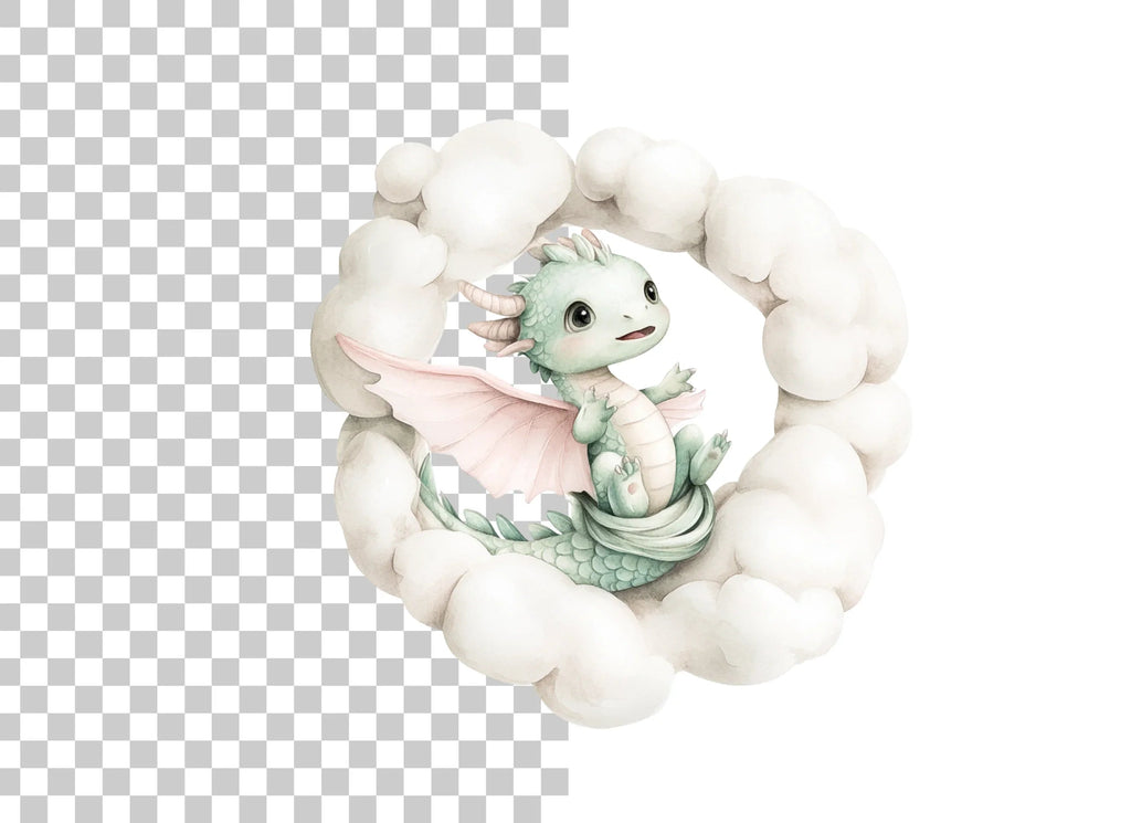 Sweet Green Baby Dragon in Clouds Clipart Bundle