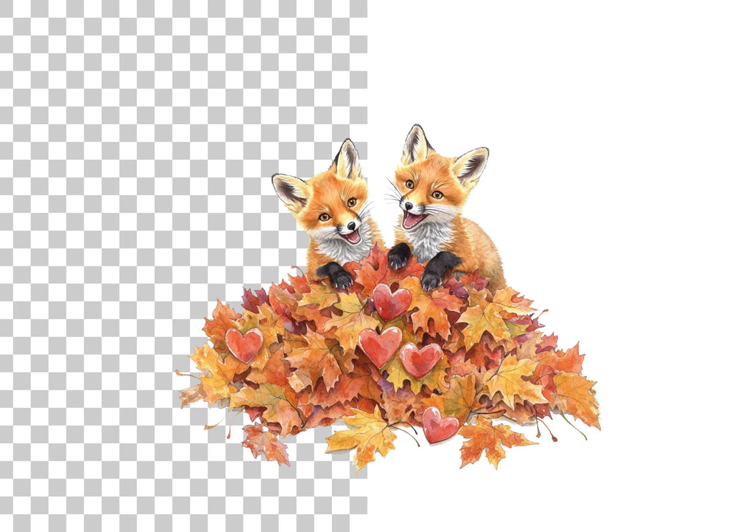 Cute Fox Cubs in Autumn Leaves Clipart Bundle