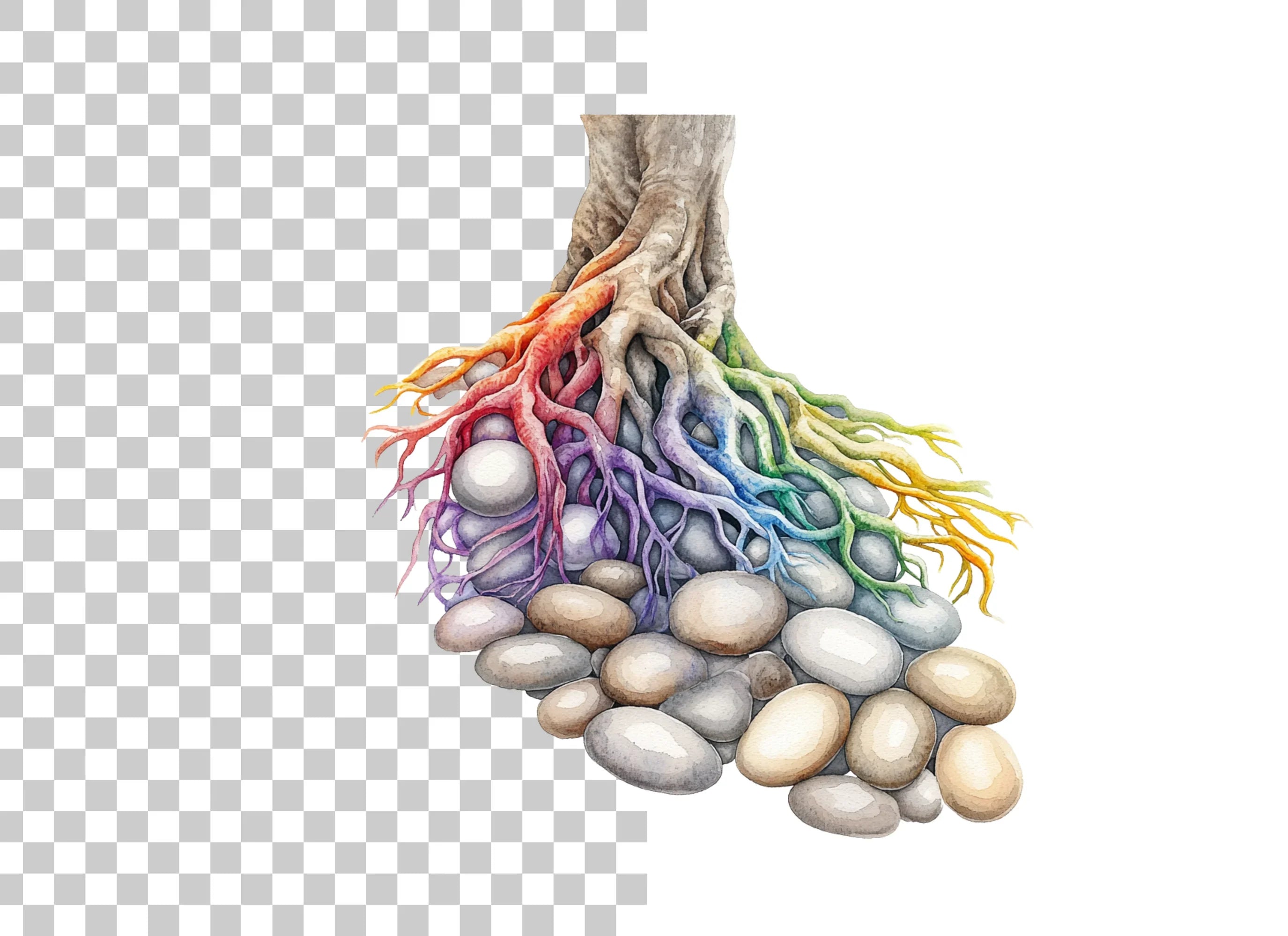 Rainbow Tree Roots and River Stones Clipart Bundle