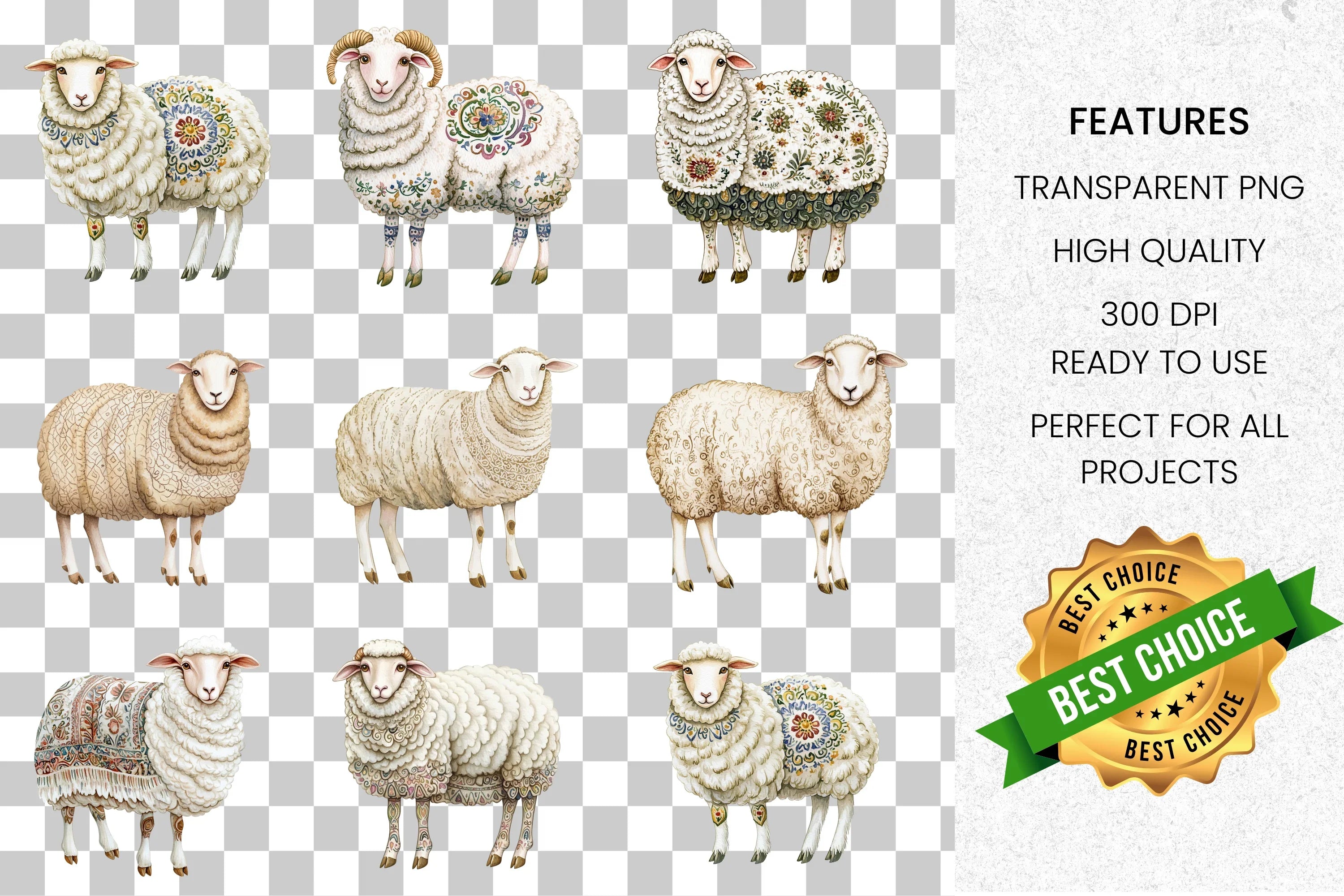 Whimsical Patterned Sheep Clipart Bundle