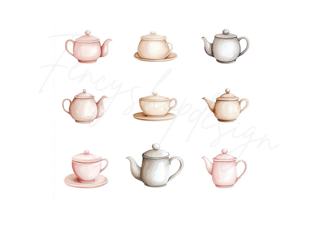 Vintage Teapots and Cups Clipart Bundle