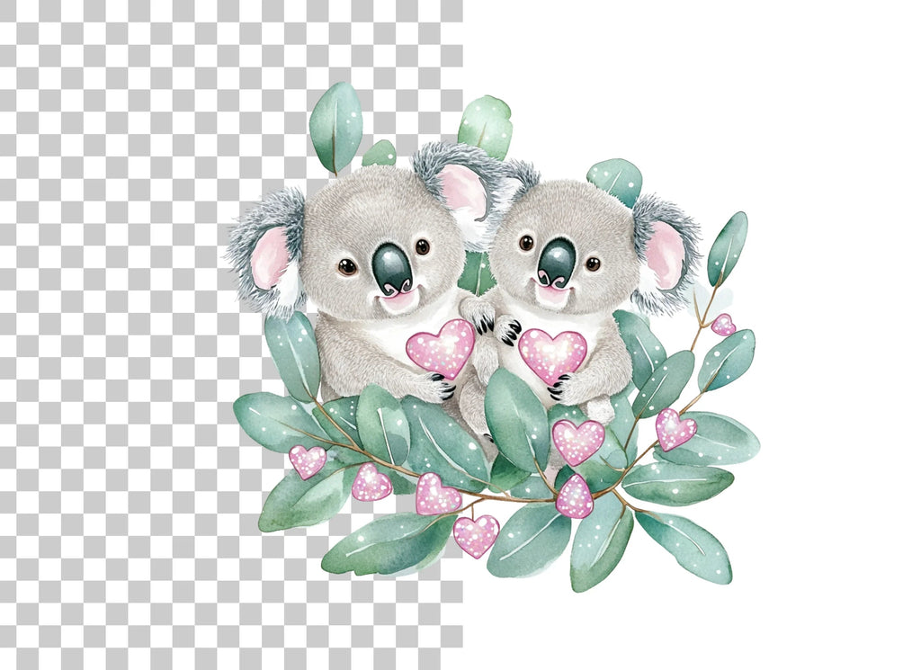 Cute Koala Couple with Pink Hearts Clipart Bundle