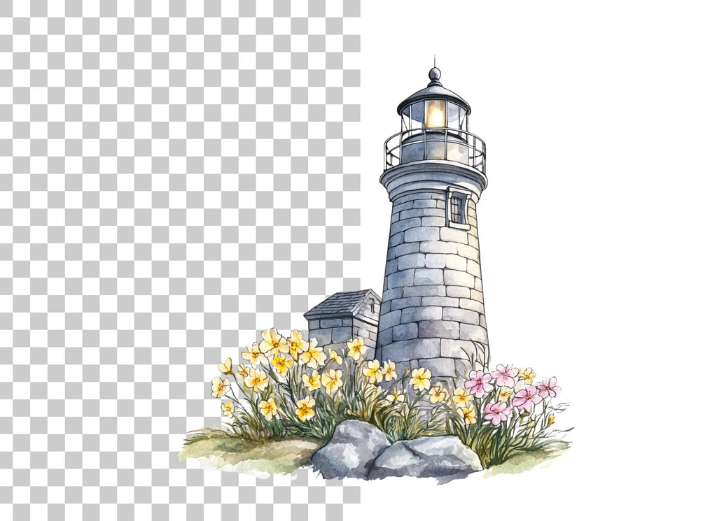 Stone Lighthouse with Flowers Clipart Bundle