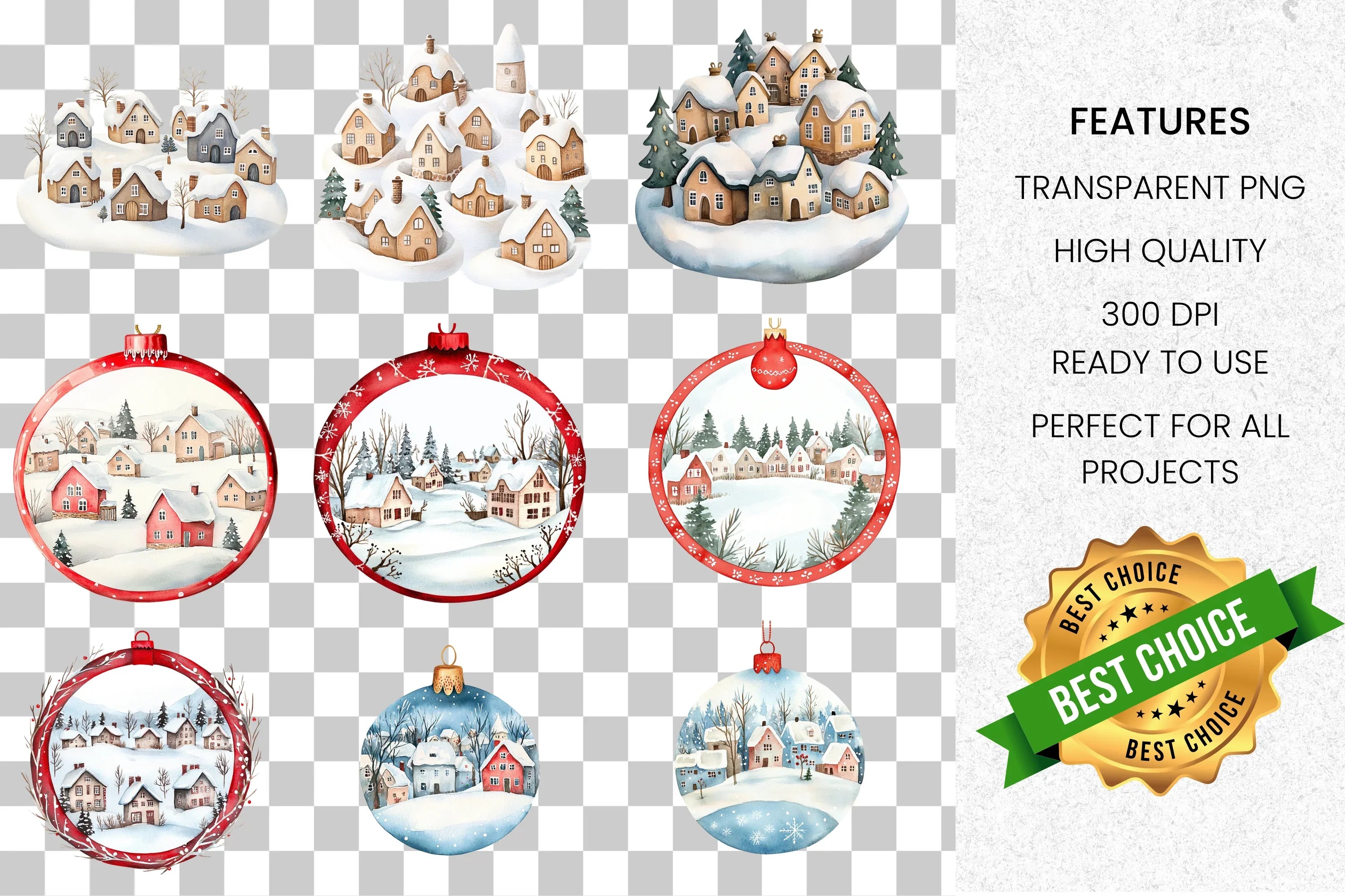 Winter Village Ornaments Clipart Bundle