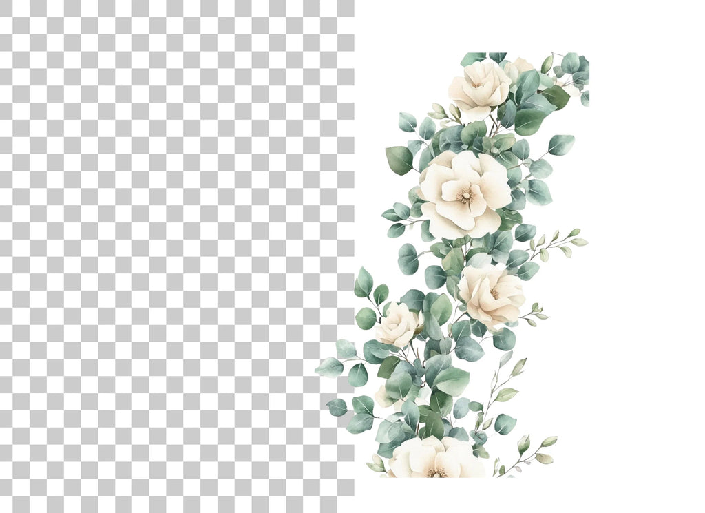 Elegant White Roses Eucalyptus Border Clipart Bundle
