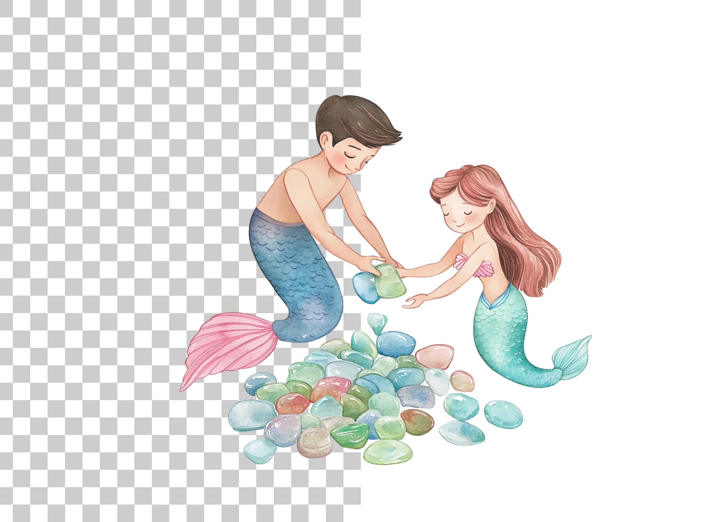 Mermaid and Merman Collecting Gems Clipart Bundle