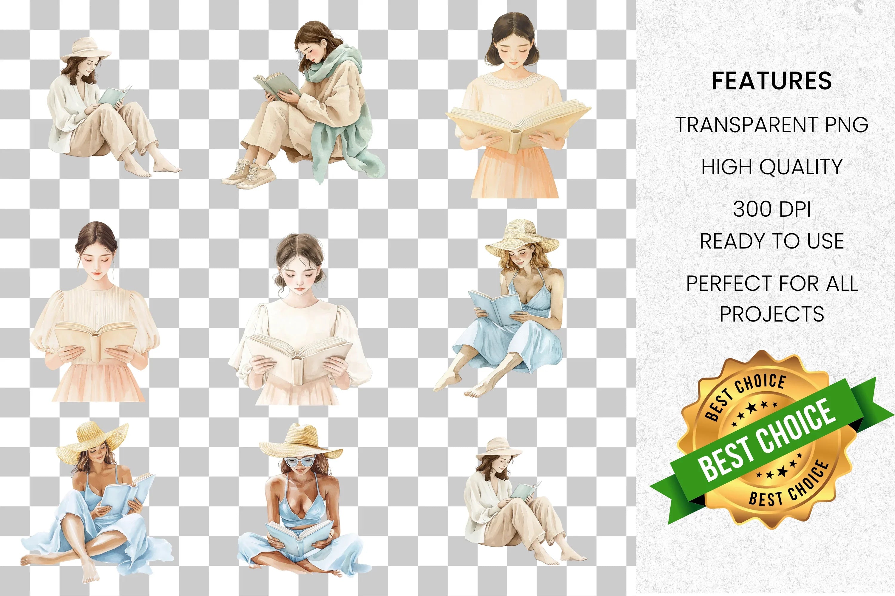 Women Reading Book Clipart Bundle