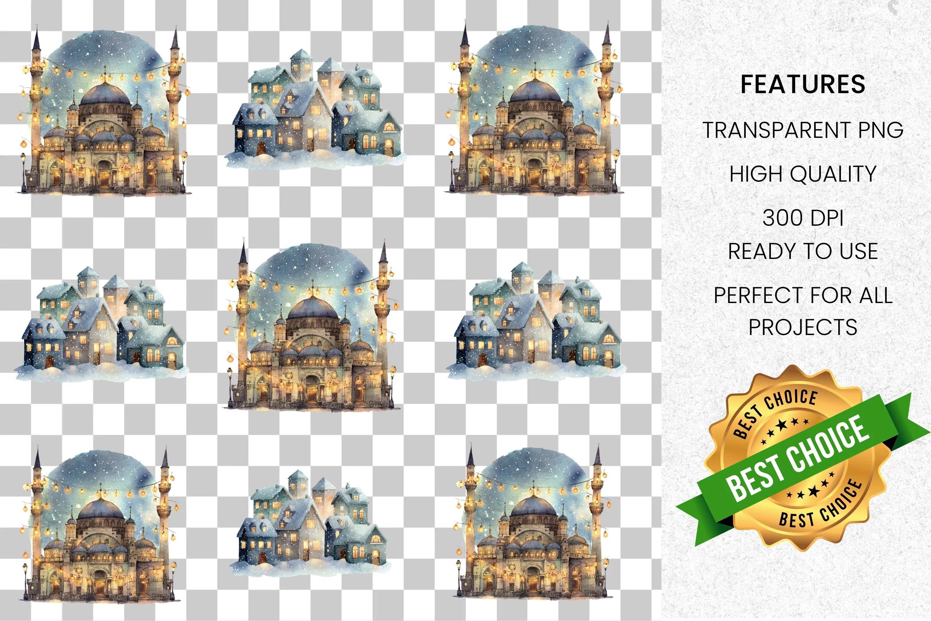 Winter Mosque and Snowy Village Clipart Bundle