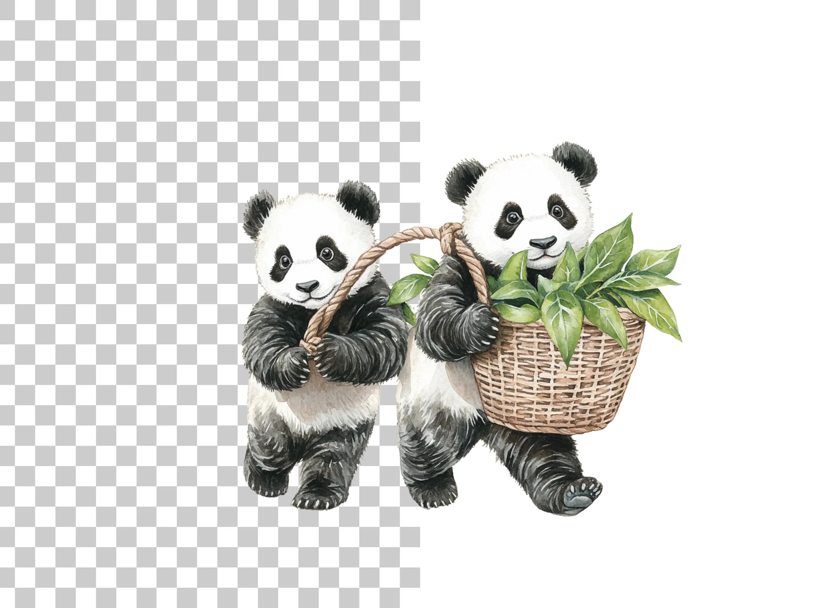 Panda with Baskets of Leaves Clipart Bundle