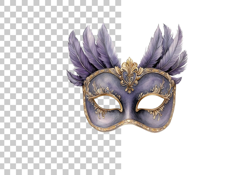 Elegant Purple Feathered Masquerade Mask Clipart Bundle