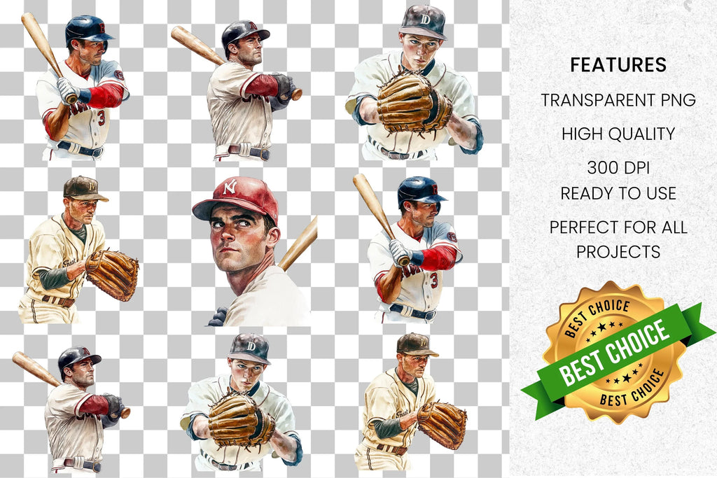 Vintage Baseball Players Clipart Bundle