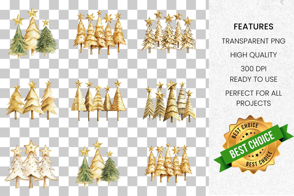 Golden Christmas Tree Clipart Bundle