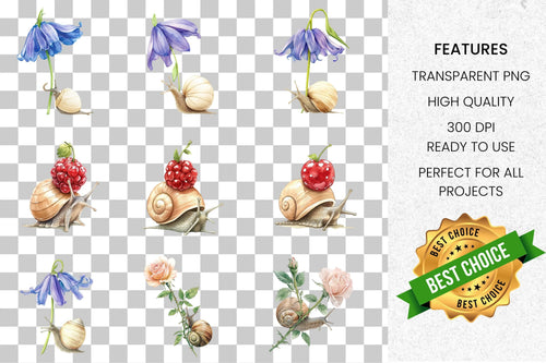 Adorable Snails with Blossoms and Fruit Clipart Bundle
