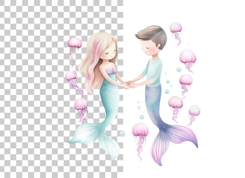 Adorable Mermaid Couple with Jellyfish Clipart Bundle