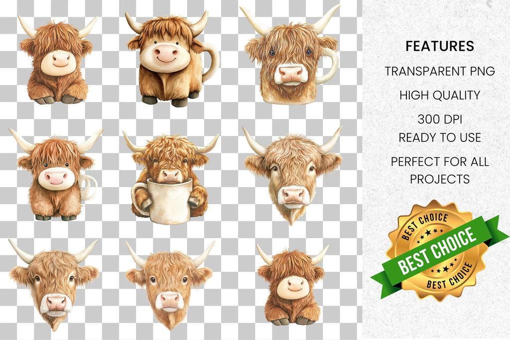 Cute Highland Cow Clipart Bundle