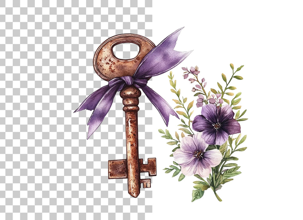 Vintage Keys with Purple Ribbons Clipart Bundle
