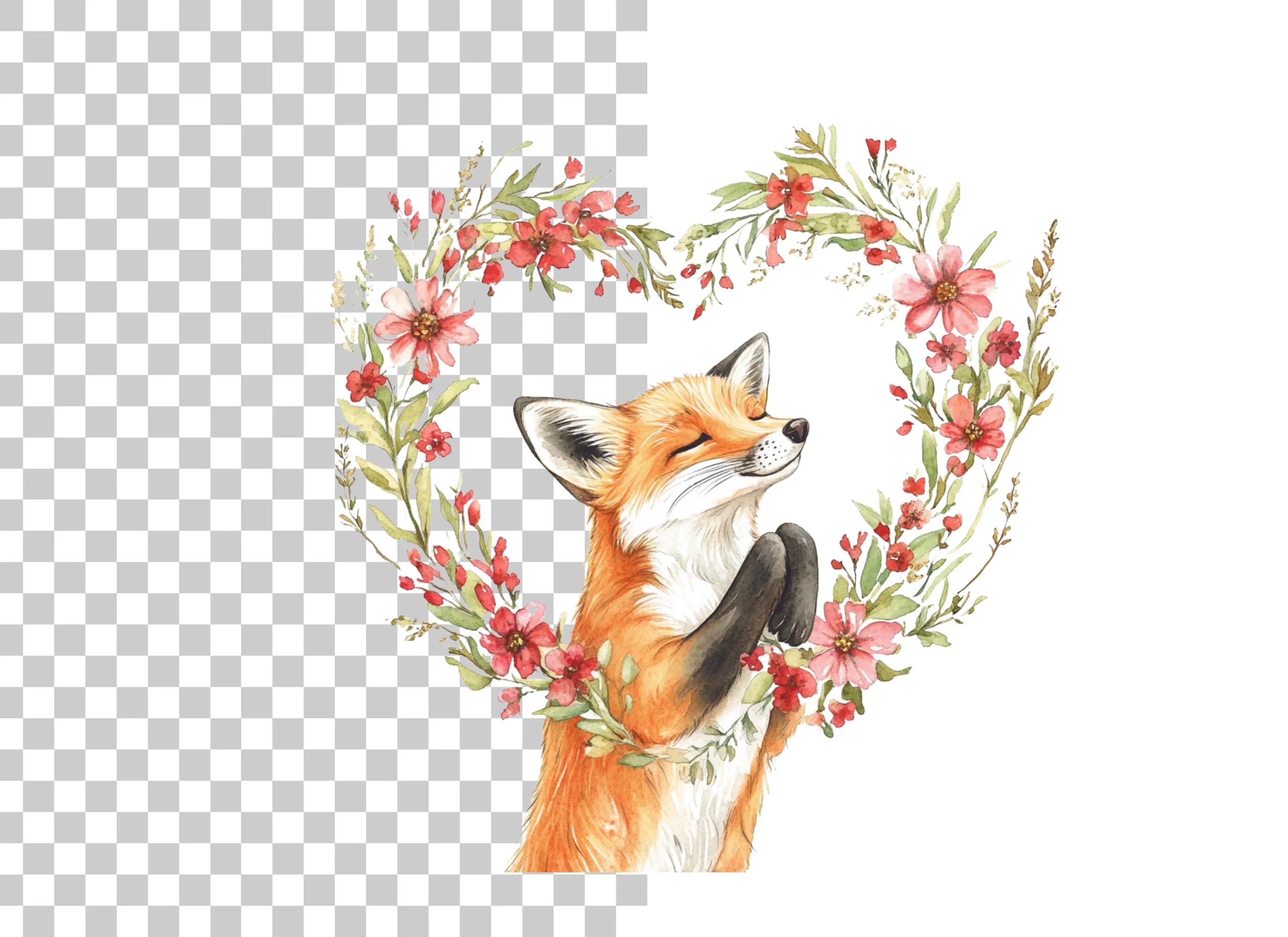 Cute Fox with Floral Heart Clipart Bundle