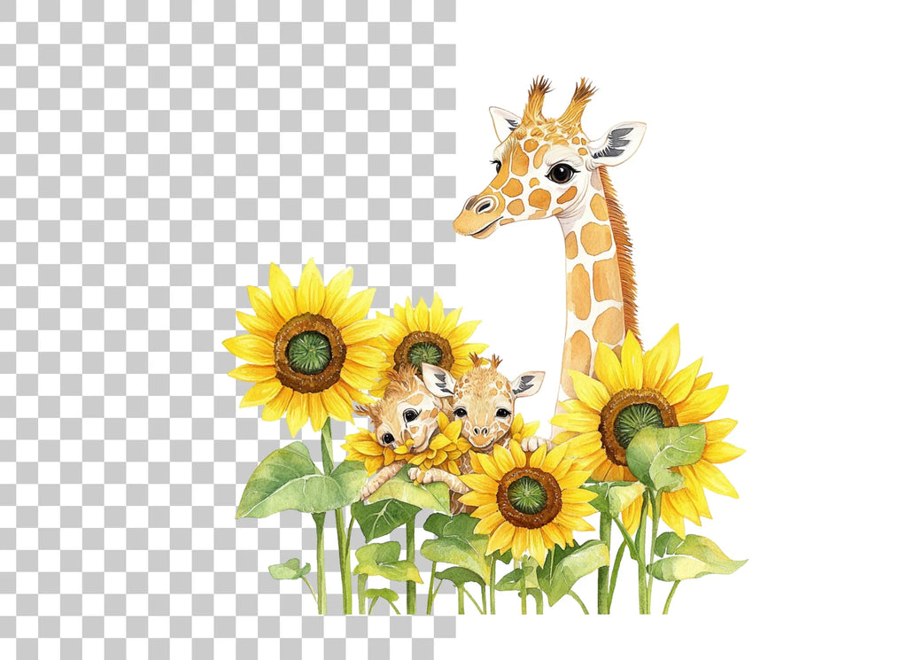 Giraffe Family with Sunflowers Clipart Bundle