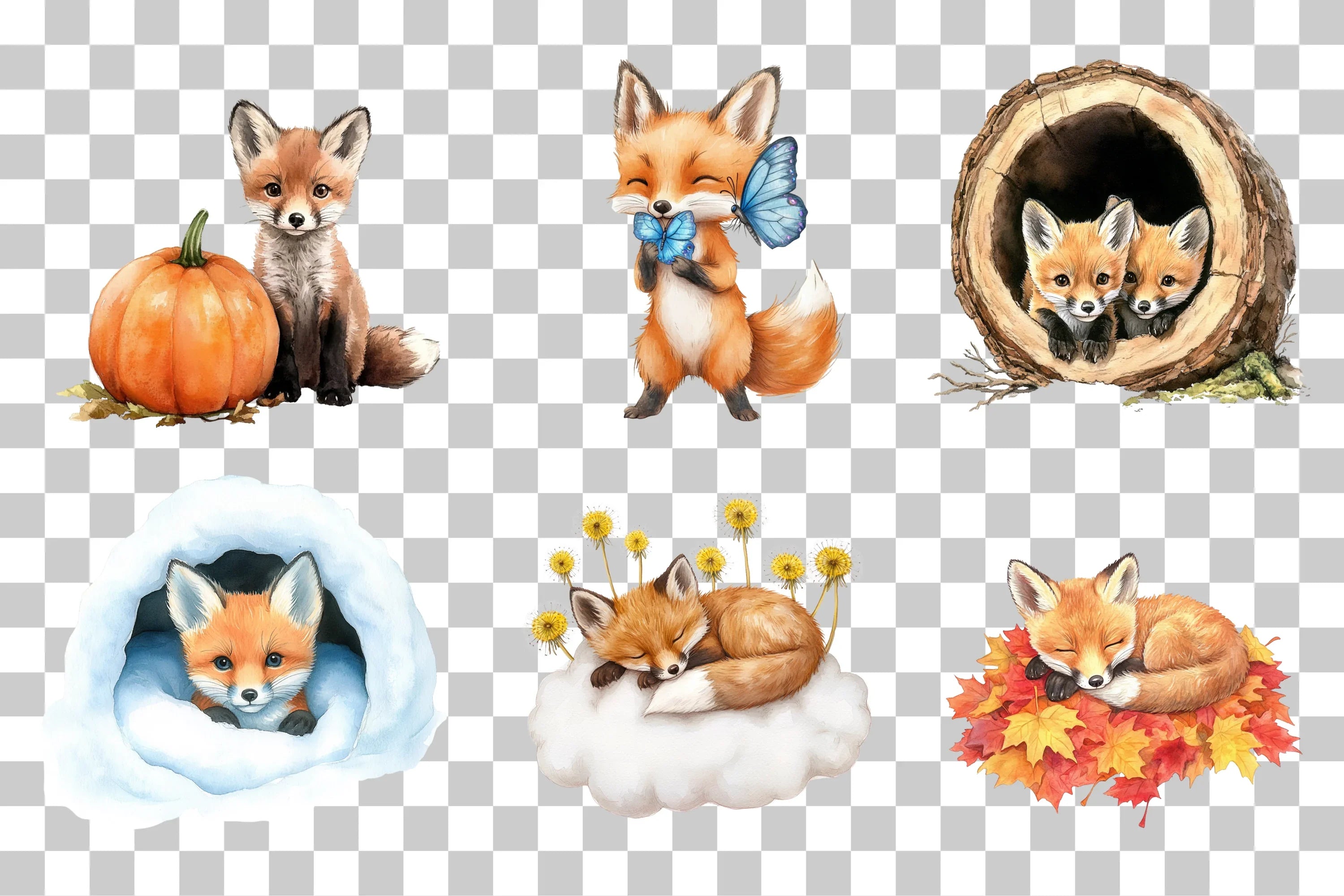Sleeping Fox and Bunny Clipart Bundle