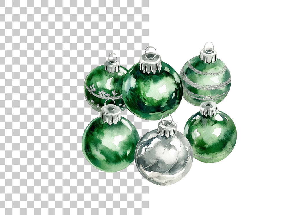 Green and Silver Christmas Baubles Clipart Bundle