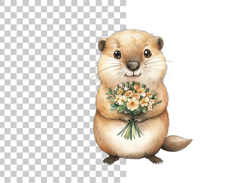 Cute Otters with Flower Bouquets Clipart Bundle