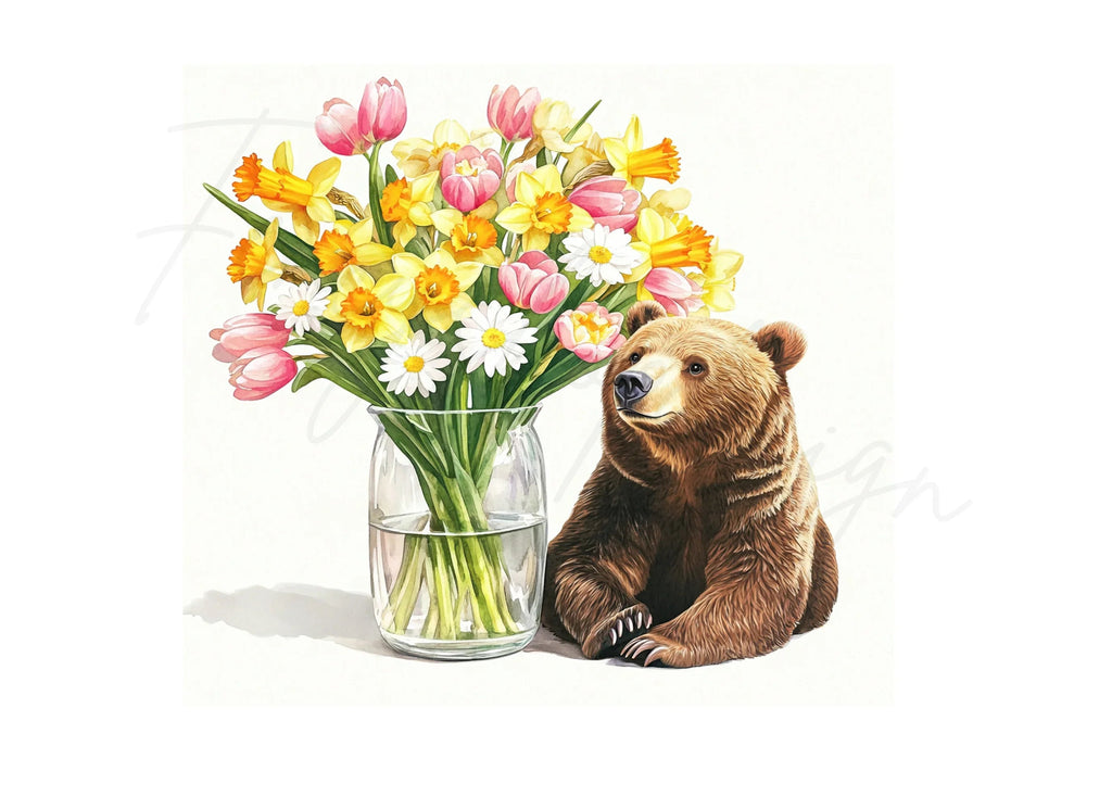 Cute Bears with Spring Flower Bouquets Clipart Bundle