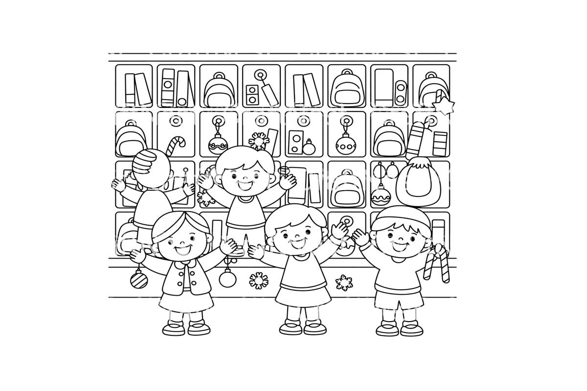 Children Organizing Christmas Decorations Coloring Books