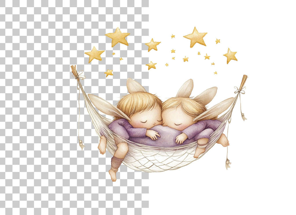 Sleeping Baby Fairies in Hammock Clipart Bundle