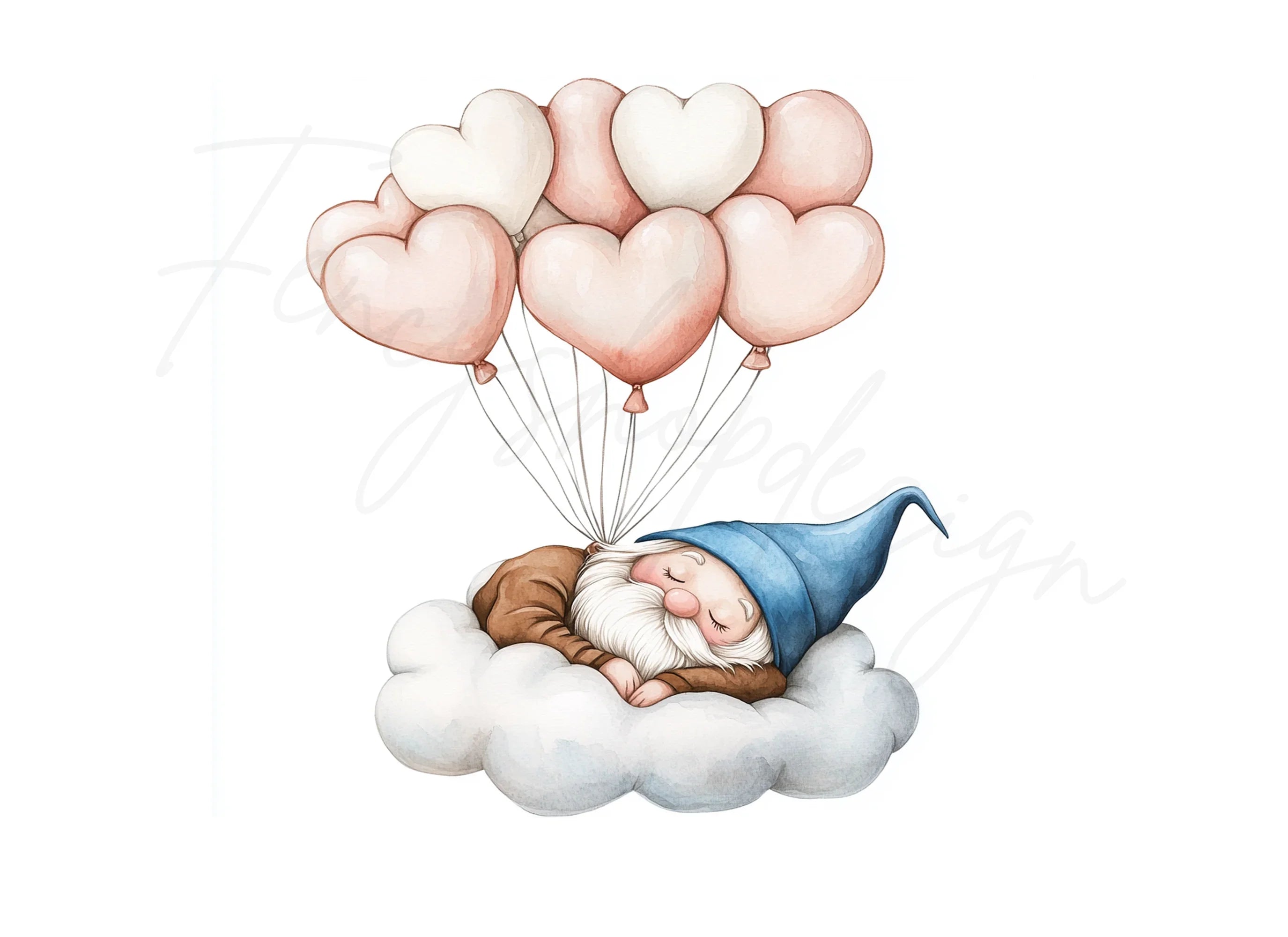 Sleeping Gnome on Cloud with Balloons Clipart Bundle
