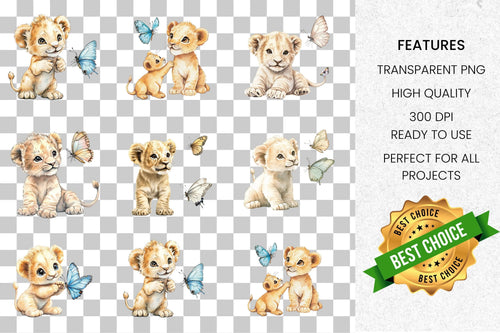 Adorable Lion Cub Butterfly Clipart Bundle