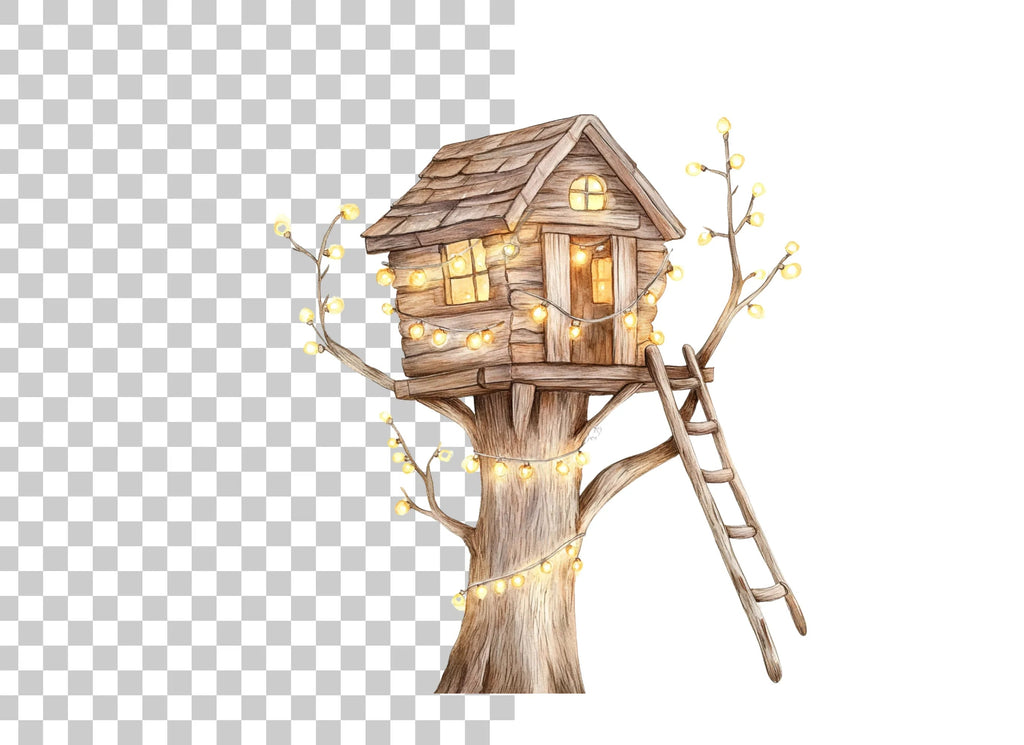 Cozy Treehouse with Glowing Lights Clipart Bundle