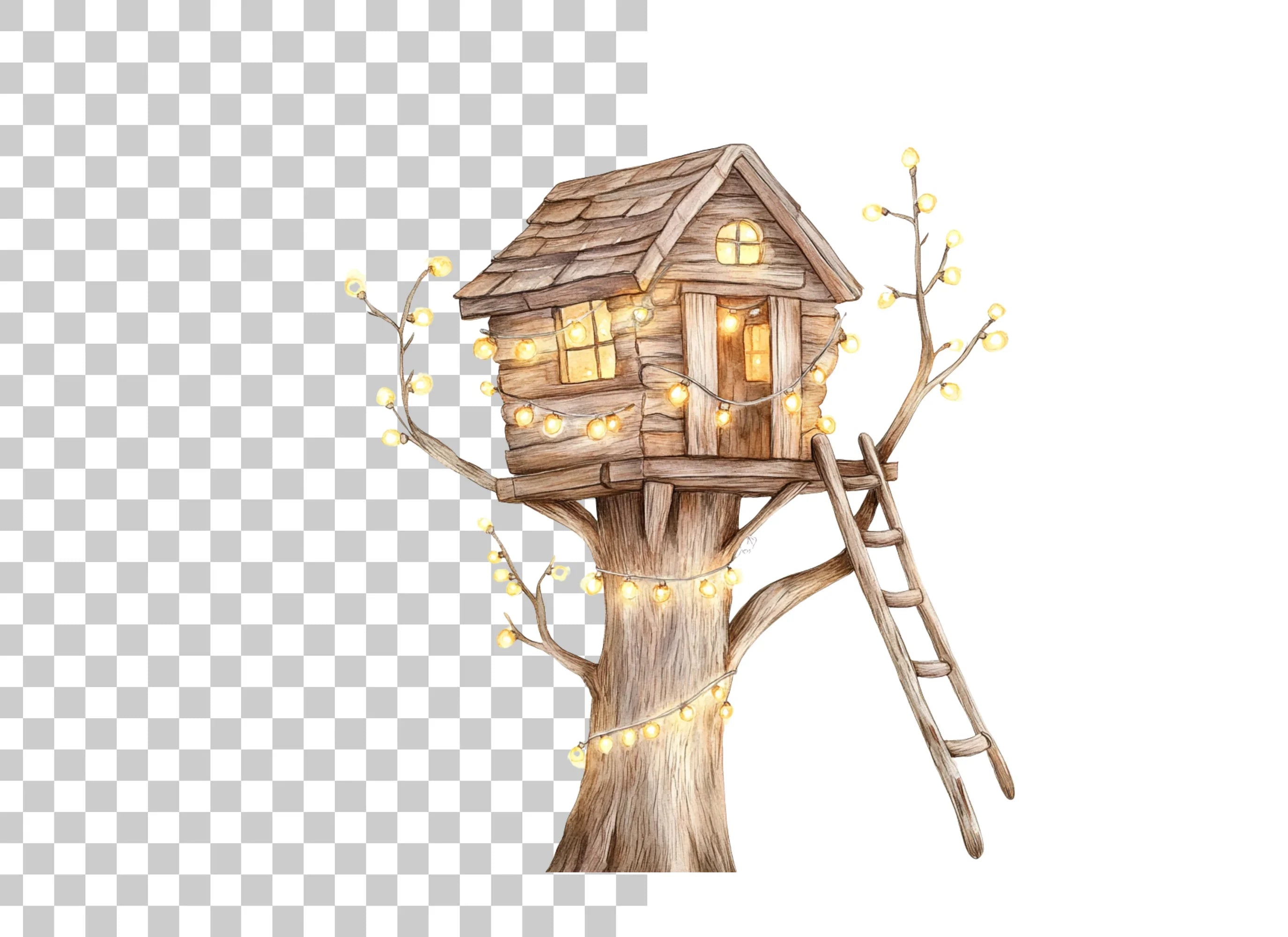Cozy Treehouse with Glowing Lights Clipart Bundle