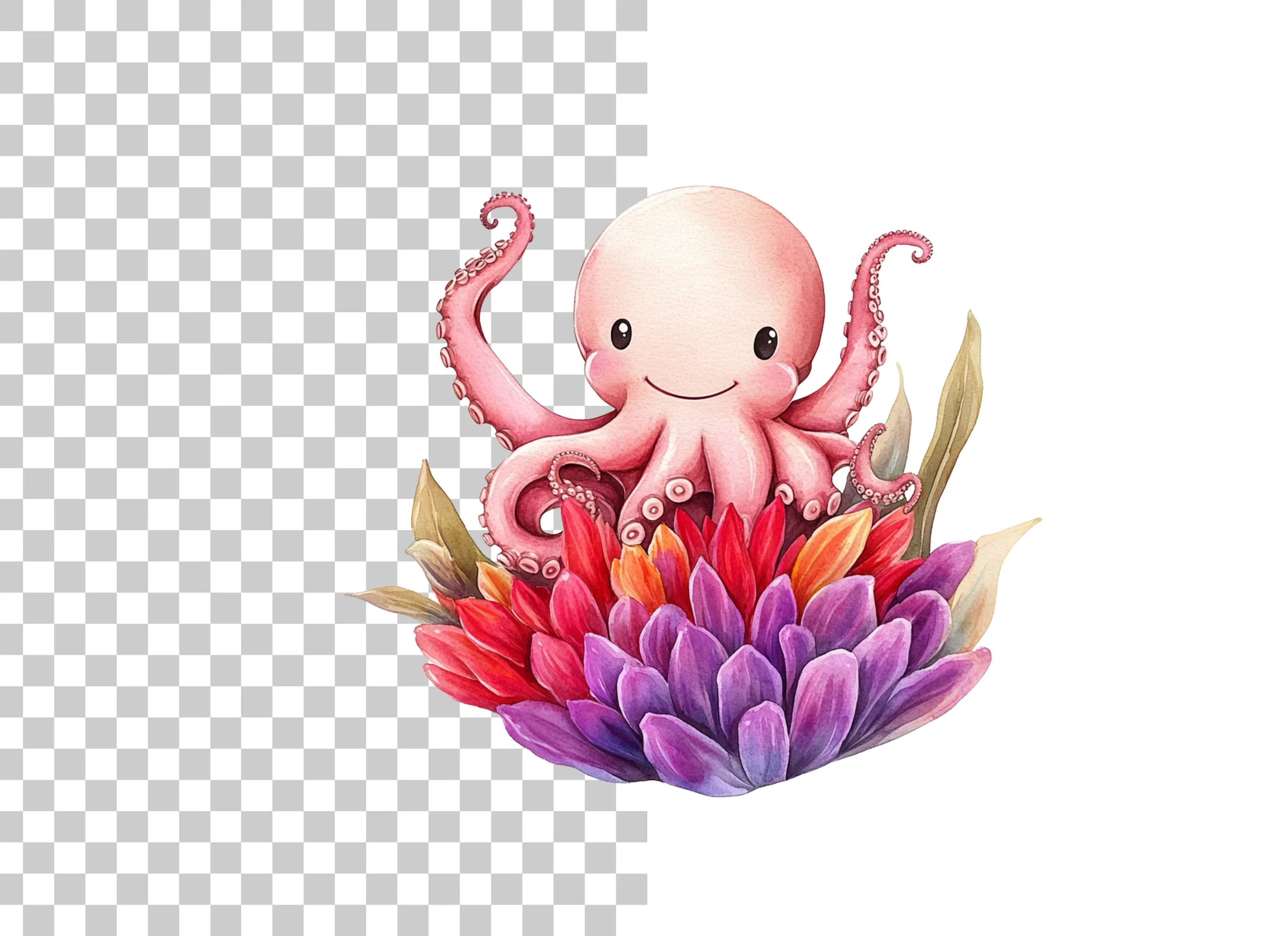 Happy Octopus with Flowers Clipart Bundle