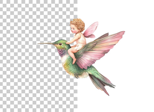 Adorable Cupid Riding Hummingbird Clipart Bundle