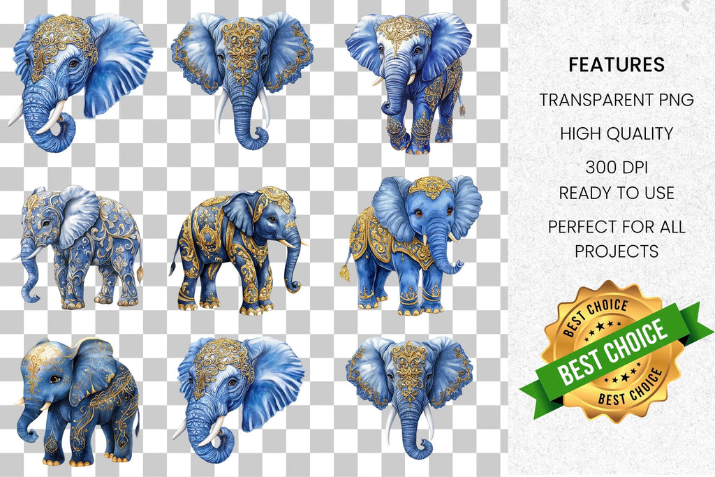 Majestic Blue Gold Elephant Clipart Bundle
