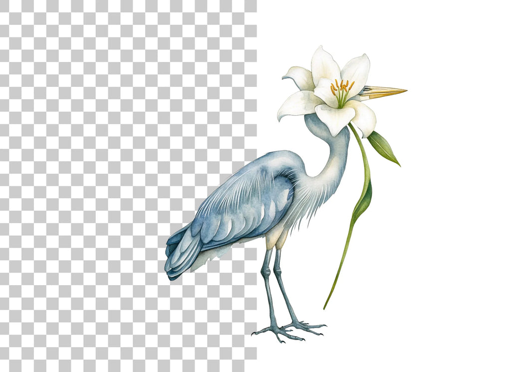 Heron with White Lily Flower Clipart Bundle