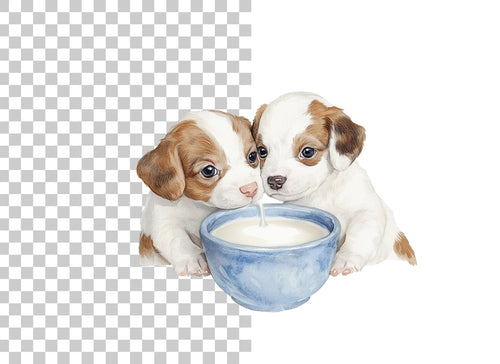 Adorable Puppy Pairs Drinking Milk Clipart Bundle