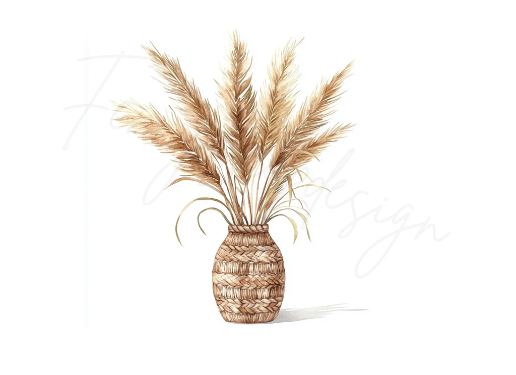 Pampas Grass in Woven Vases Clipart Bundle