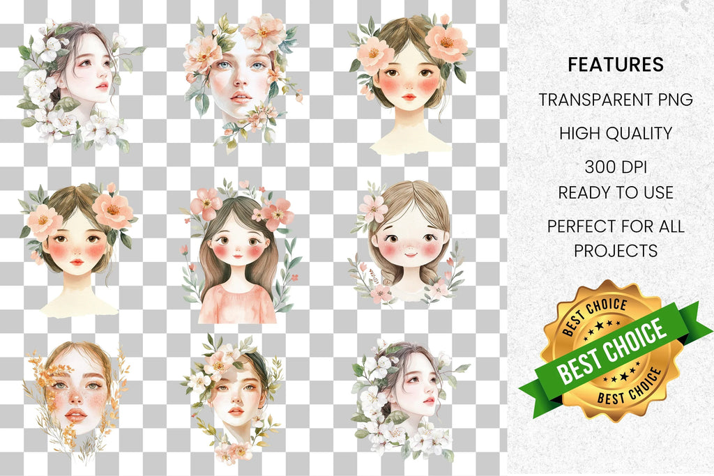 Floral Women Portraits Clipart Bundle