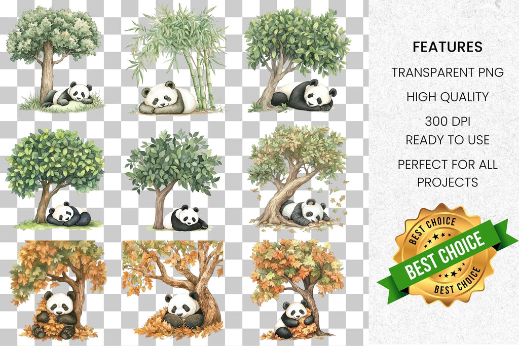 Cute Pandas Under Autumn Trees Clipart Bundle